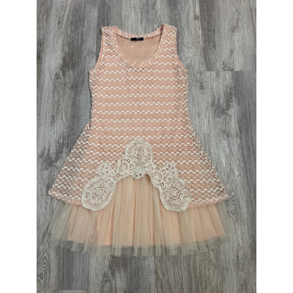 Ryu Anthropologie Peach Sequin Chevron Lace Tulle Mini Dress Womens Large